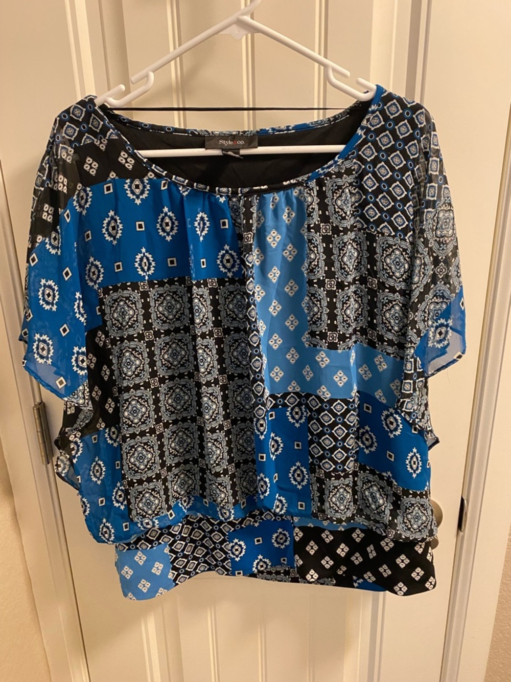 Style Co XL Top Turquoise Black White Blouse Lined Shirt